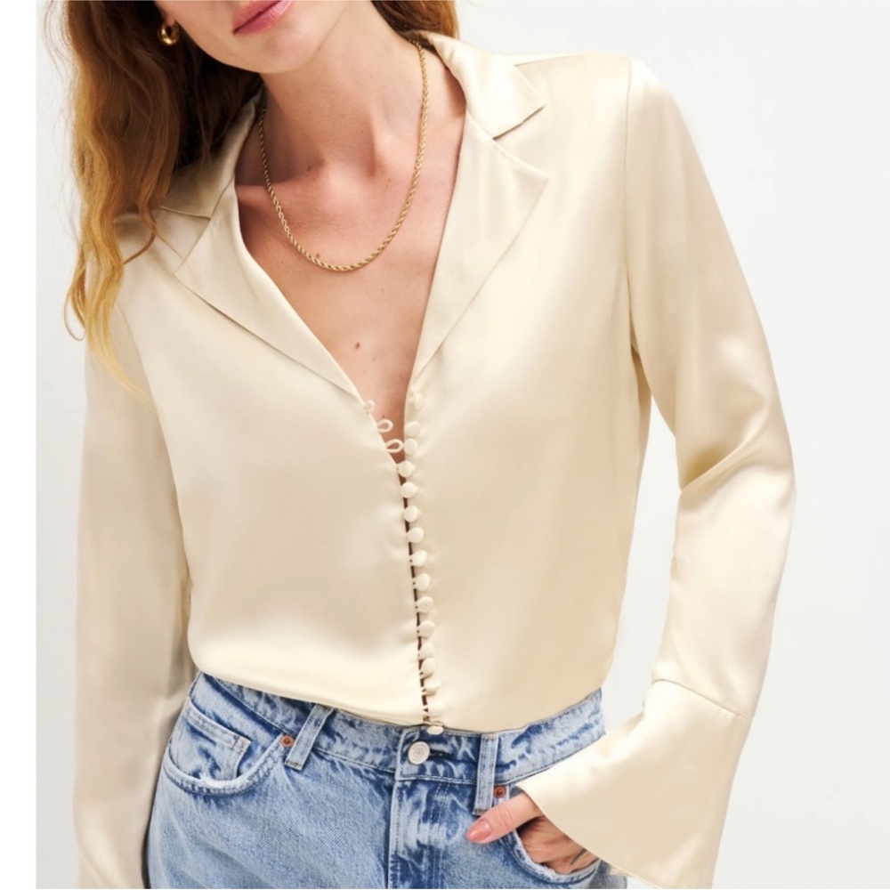 Reformation Ivory Satin Button-Down Blouse
